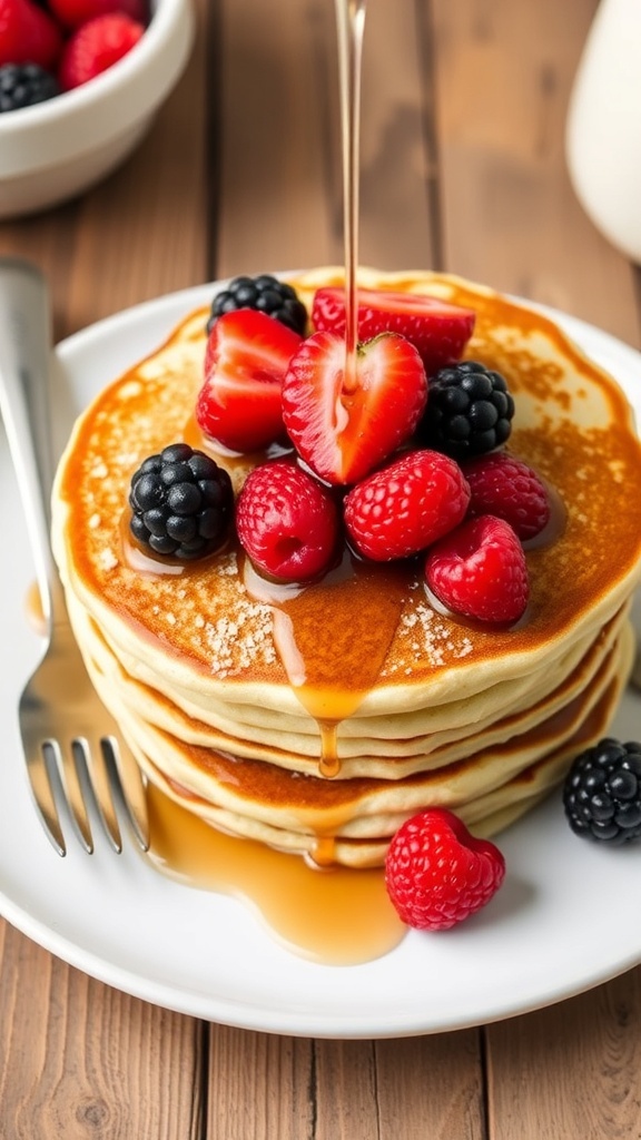 A stack of golden oat flour pancakes topped with berries and syrup on a rustic wooden table.